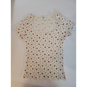Y2K Electric Behaviour Cream Ribbed Cherry Print Lace Trim Square Neck Top Large